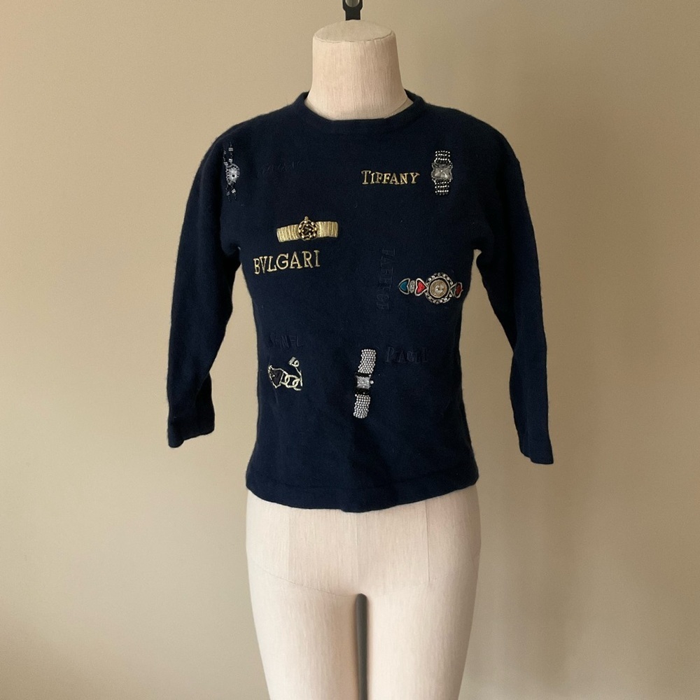 VTG Di Bari Wool Navy Designer Embroidered Accents Sweater